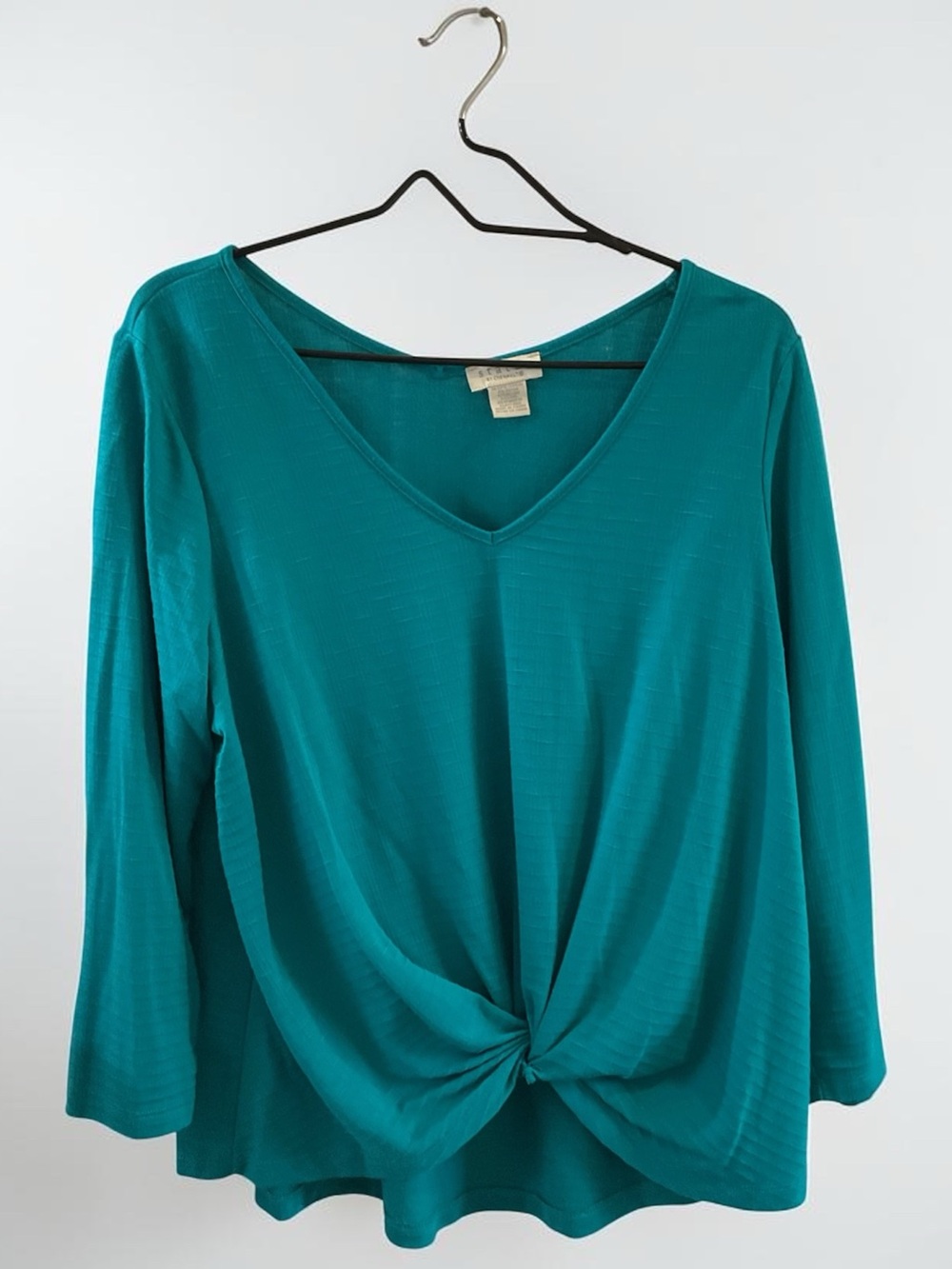 Chenault Teal V-Neck Knot Front Long Sleeve Top